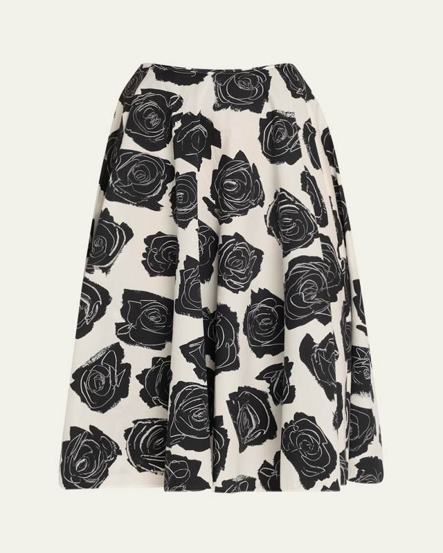 Rose-Printed Flare Midi Skirt